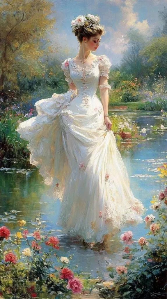 The painting depicts a woman in a flowing white dress, standing by a tranquil pond in a garden. She is adorned with a floral crown and a delicate necklace. Lush greenery and vibrant blossoms surround her, creating a serene and romantic ambiance. The soft sunlight bathes the scene in a warm glow, adding to the enchanting atmosphere.  The woman's graceful posture and the gentle movement of her dress suggest a moment of quiet contemplation or perhaps a whimsical encounter with nature.