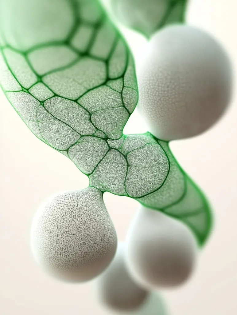 The image shows a delicate, translucent green leaf with a intricate network of veins. It appears to be holding several white, pearlescent spheres, which are also slightly textured. The background is a soft, blurred white. The overall image evokes a sense of natural beauty and fragility.