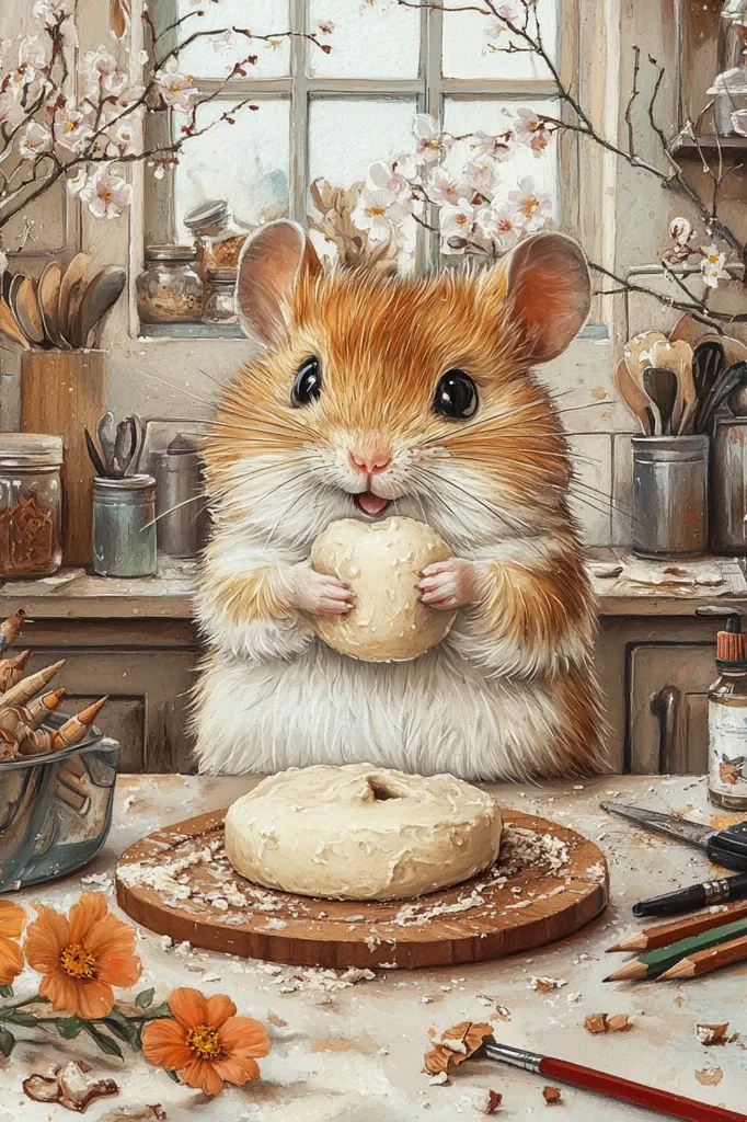 A fluffy, orange and white hamster sits in a kitchen, holding a piece of dough in its paws. It looks directly at the viewer with a playful smile. A large round piece of dough sits on a wooden cutting board nearby. Other kitchen items, including utensils and jars, are scattered around the table. A window with blooming cherry blossoms is visible in the background. The image depicts a charming scene of a small animal enjoying a kitchen treat.