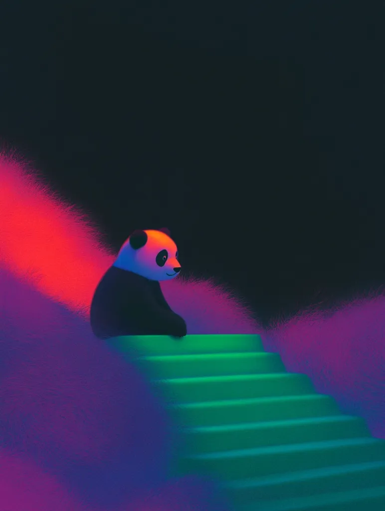 A black and white panda sits at the top of a green staircase. The panda looks to the right, its head tilted slightly. The background is a dark blue, with a soft pink glow near the panda. The stairs are lit in a bright green hue, creating a surreal and vibrant scene.  The image evokes a sense of mystery and wonder.