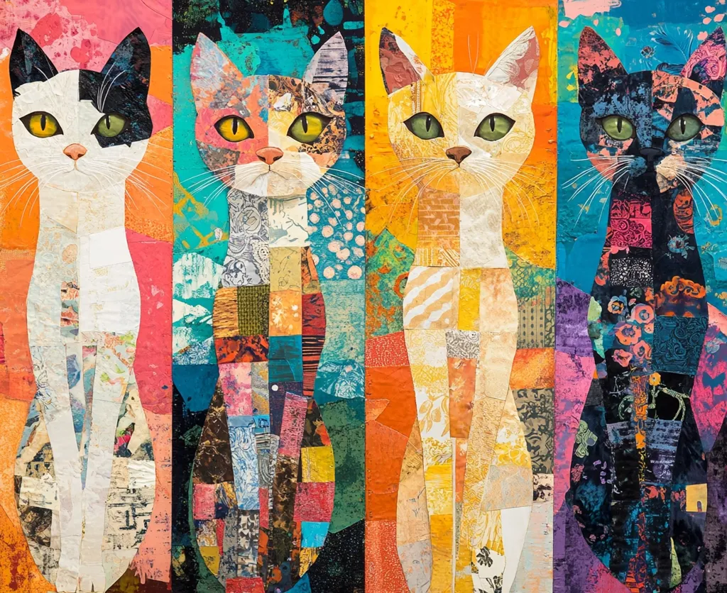 The image depicts four cats standing side-by-side, each against a different colored background. The cats are composed of various colorful patchwork materials, creating a unique and playful style. The backgrounds are also patterned, adding to the overall vibrancy and artistic effect. The cats' eyes are prominent and expressive, adding to the personality of the artwork. The image is a colorful and creative representation of cats, showcasing a unique artistic approach.