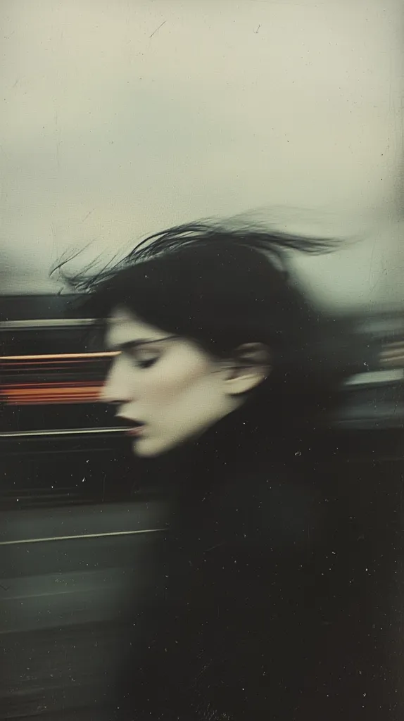 The image shows a woman with dark hair and a serious expression, captured in a blurred motion.  The background is out of focus, suggesting movement and possibly a sense of urgency. A faint orange line suggests a passing light source. The overall mood is somber and introspective.