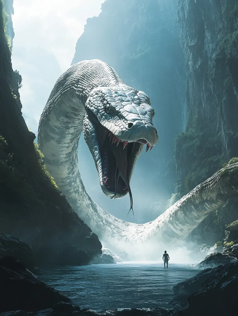 A colossal, white snake with a gaping maw looms over a lone figure standing on the shore of a misty river. The snake's head fills the frame, its scales and fangs visible in the light. The figure, dwarfed by the creature, stands amidst a rocky, lush landscape. The scene evokes a sense of awe and danger, hinting at a confrontation between man and nature.
