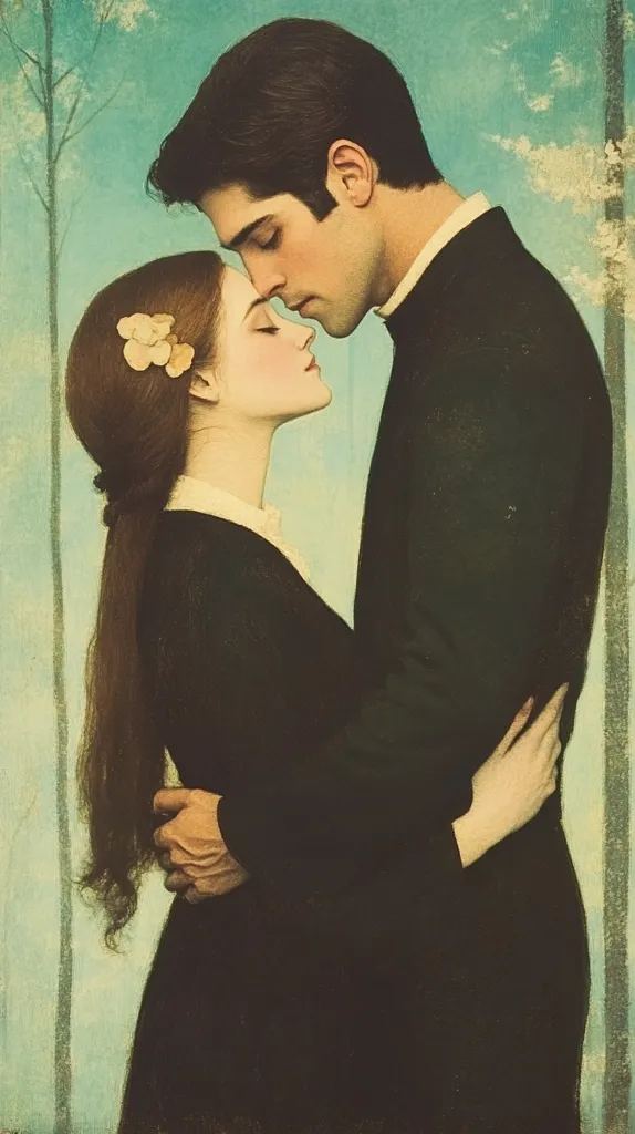 The painting depicts a young couple embracing. The man, with dark hair and a serious expression, leans in close to the woman. She gazes up at him with a soft smile, her long dark hair cascading down her back. The couple's faces are close, their foreheads touching, suggesting an intimate connection. The background is a muted blue-green, perhaps suggesting a garden or a forest setting. The overall mood is one of romantic love and tender affection.