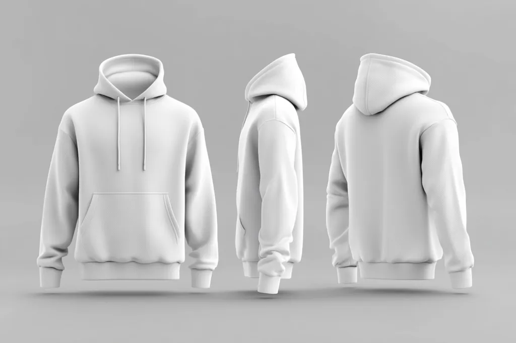 The image shows a white hoodie, displayed from three different angles: front, side, and back. It has a drawstring hood, a kangaroo pocket on the front, and long sleeves with ribbed cuffs. The hoodie is isolated against a plain gray background, showcasing its simplicity and blank canvas for customization.