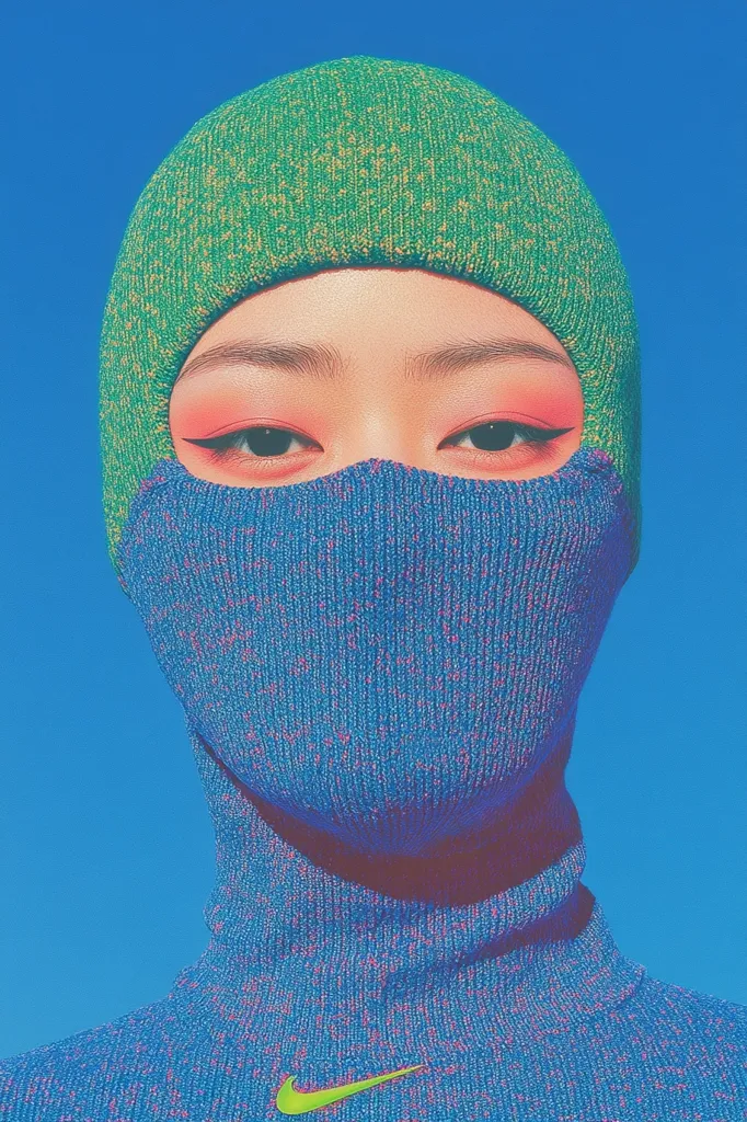 The image shows a person wearing a blue and green knitted balaclava. The balaclava covers their entire face, except for their eyes, which are framed by dramatic eyeliner and pink eyeshadow. The background is a clear blue sky. The image has a vibrant, almost surreal quality.  The person's expression is hidden, leaving the viewer to wonder about their identity and thoughts.