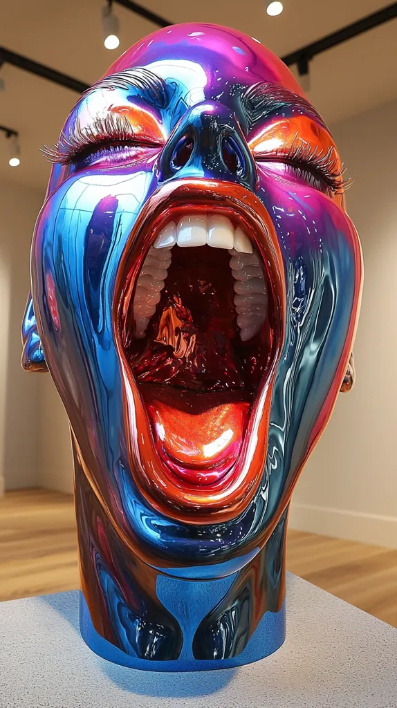 The image shows a sculpture of a human head with a large, open mouth. The sculpture is made of a shiny, metallic material that reflects light in a variety of colors, creating a psychedelic effect. The head is tilted back, and the mouth is wide open in a silent scream. The sculpture is set against a simple background, making the head the focal point of the image. The sculpture evokes a feeling of intense emotion, perhaps fear or pain. It is a powerful and unsettling piece of art.