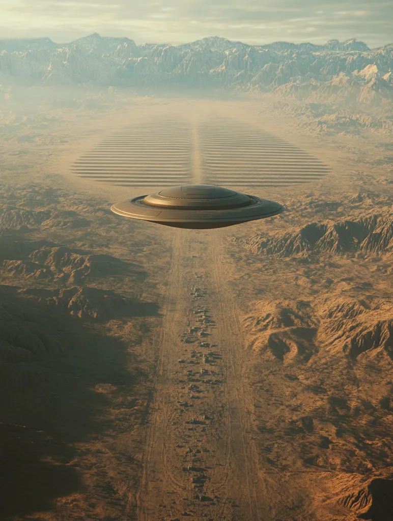 A silver UFO hovers over a long, narrow path carved into a barren, brown desert landscape.  The path stretches towards a distant mountain range, barely visible through the hazy air.  The scene evokes a sense of isolation and mystery.