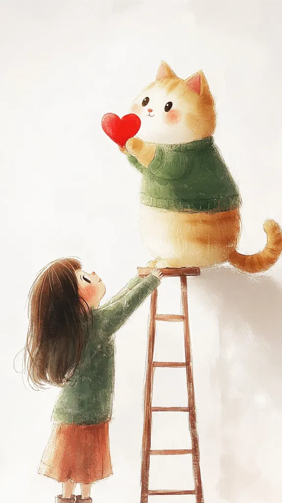 A girl in a green sweater and brown skirt reaches up on a ladder to a large, round cat wearing a green sweater. The cat is holding a red heart in its paw. The image is drawn in a soft, watercolor style. The girl and cat seem to be sharing a moment of tenderness.