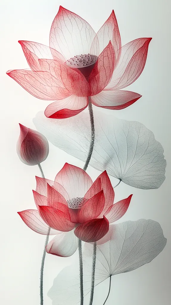 The image shows a beautiful arrangement of three delicate pink lotus flowers. Their petals are translucent, revealing a delicate network of veins.  One flower is in full bloom, while the other two are in various stages of opening.  The flowers are arranged against a white background, with a few translucent leaves adding depth to the composition. The overall effect is serene and elegant, showcasing the beauty of nature in a simple and elegant way.