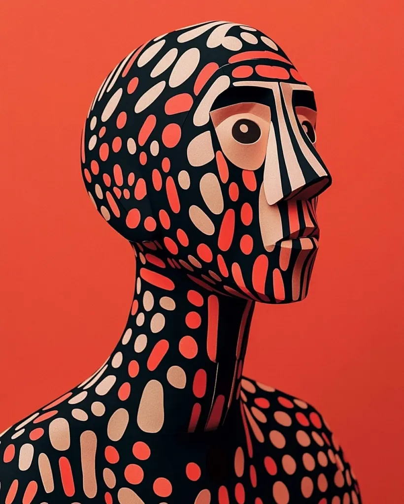 The image shows a paper sculpture of a person's head and shoulders, set against a vibrant red background. The sculpture is covered in a geometric pattern of black, red, and beige dots and shapes. The person's face is partially obscured by the pattern, with only one eye visible. The sculpture has a slightly tilted head and a serious expression. The overall effect is one of abstract art and modern design.