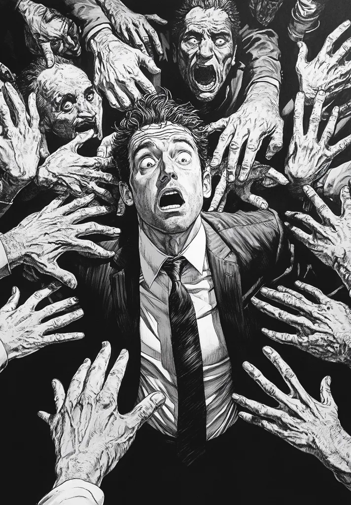 A man in a suit is surrounded by a swarm of hands, some of them reaching towards him with outstretched fingers, while others seem to grasp at his clothes. He is looking upwards with a look of terror on his face. The overall tone of the image is one of fear and helplessness.
