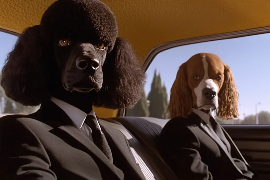 Two dogs, dressed in black suits and white shirts, sit in a yellow car. The dog on the left is a black poodle, while the dog on the right is a brown and white spaniel. They are both looking straight ahead, with serious expressions on their faces. The car is driving down a street, and the background is a blur of trees and buildings.