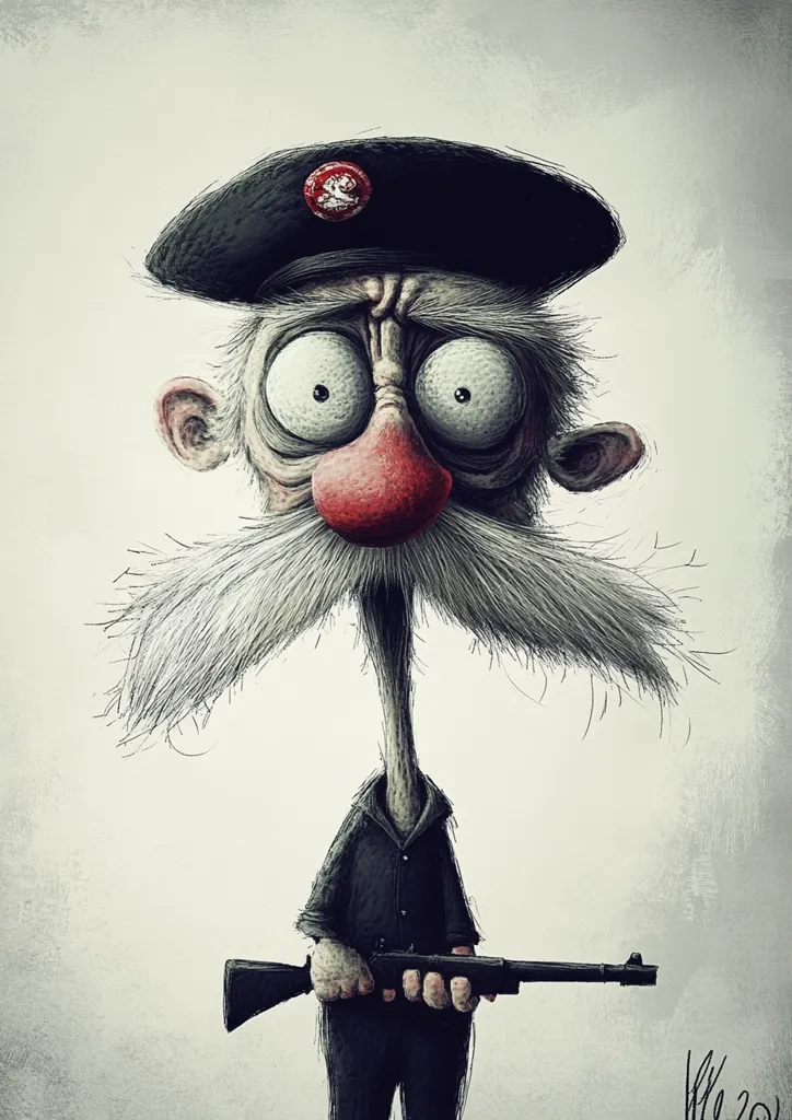 The image is a caricature of a man with a long, thin neck and a large, bushy mustache. He is wearing a black beret and a black shirt, and he is holding a rifle. His eyes are wide with fear, and his expression is one of panic. The man is drawn in a cartoonish style, with exaggerated features. The background is a plain grey. The overall tone of the image is one of anxiety and tension.