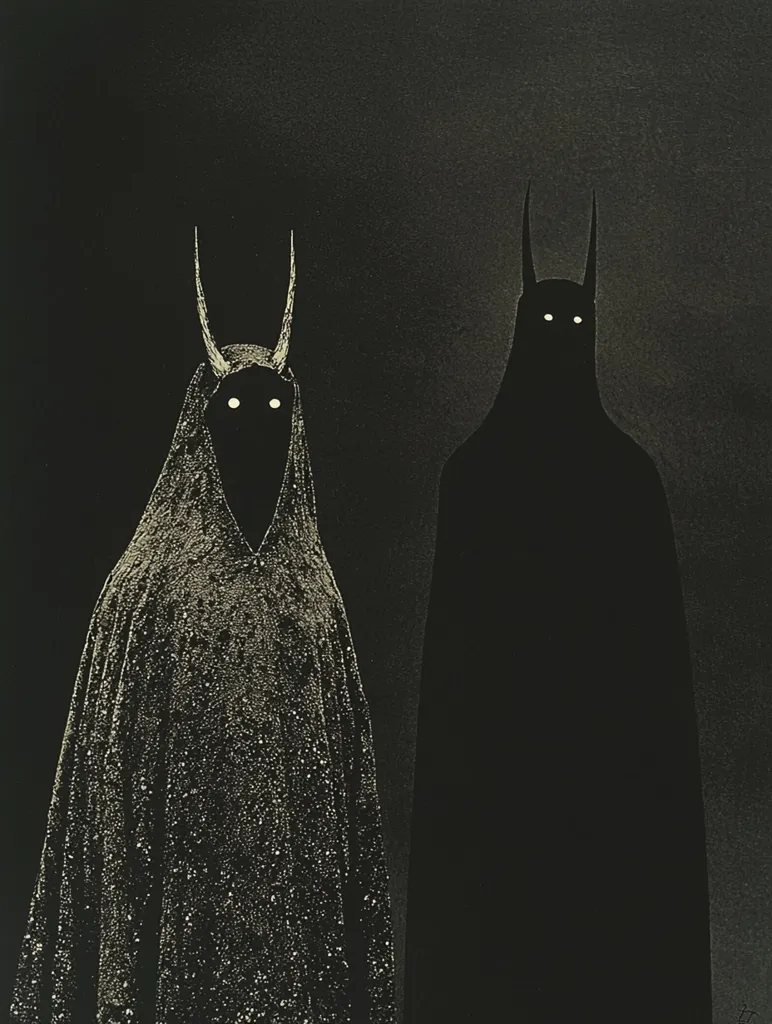 Two figures, obscured by darkness, stand side-by-side. Both figures wear pointed, horned masks. The figure on the left has a shimmering cloak, while the figure on the right appears to wear a simple, black robe. Their faces are hidden, but their glowing white eyes pierce through the darkness, adding to the eerie and mysterious atmosphere of the image.
