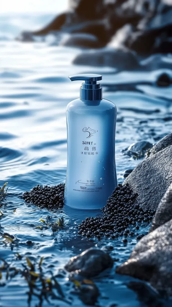 A blue bottle of  "SONY" brand lotion sits on rocks by the ocean.  The bottle has a pump and white text on a blue background.  The word "SONY" is in white, followed by a stylized image of an ocean wave and the Chinese characters for "sea" in blue.  The bottle is surrounded by dark blue, almost black beads. The ocean is blurred in the background. The image is a marketing photograph for the lotion.