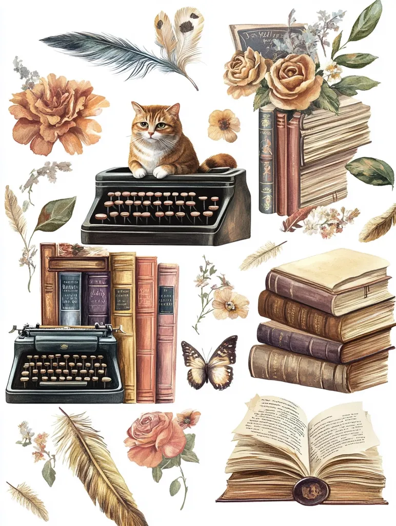 The image is a watercolor illustration of a literary theme. It features a ginger cat sitting on an antique typewriter, surrounded by stacks of old books, delicate flowers, feathers, and a butterfly. The warm tones and vintage aesthetic evoke a sense of nostalgia and literary charm.
