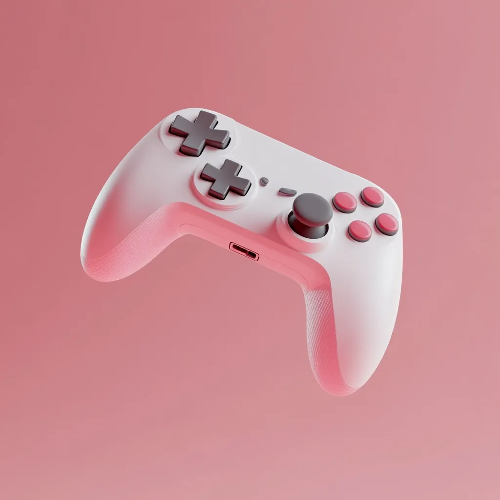 A white gaming controller with pink buttons and a gray center button is positioned on a light pink background. The controller is in a tilted position, with the left side of the controller facing the viewer. The background is a simple light pink, making the white controller stand out.