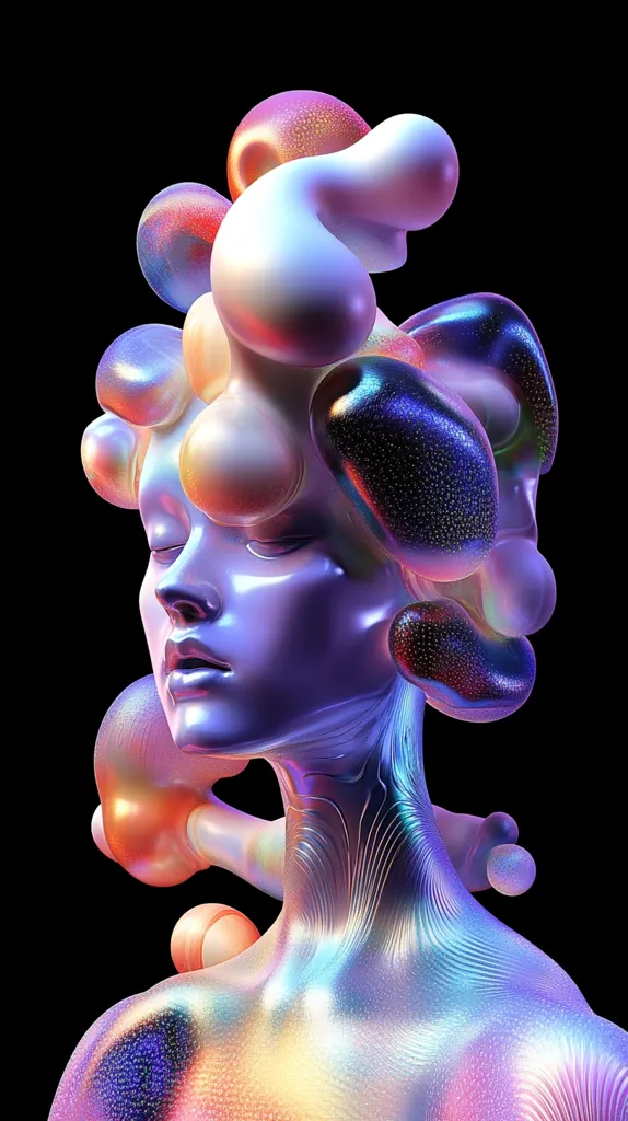 A digital art piece depicts a female figure with iridescent skin, adorned with an elaborate headpiece made of colorful, organic-looking shapes. The figure's eyes are closed, suggesting a state of tranquility or contemplation. The colors are vibrant and fluid, creating a dreamlike and surreal atmosphere. The overall effect is both beautiful and otherworldly.