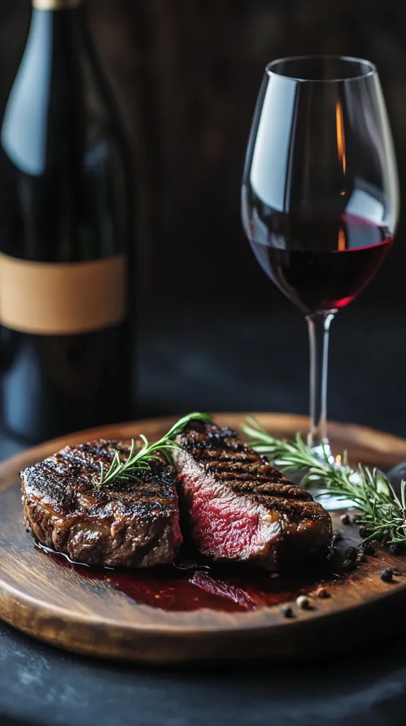 A perfectly cooked steak sits on a wooden board, glistening with juices. It is accompanied by a sprig of rosemary and peppercorns. The steak is a rich, dark brown, and the juices are a deep red, hinting at its succulence.  A glass of red wine stands beside the steak, its deep color complementing the rich flavors of the dish. The image evokes a sense of indulgence and the pleasure of a delicious meal.