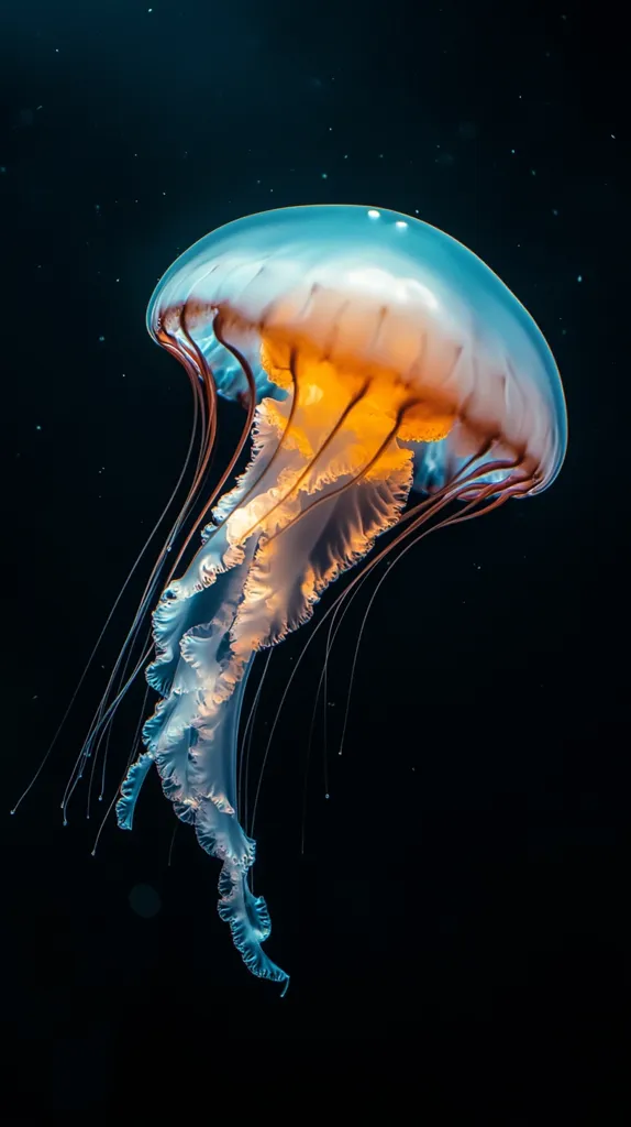 A jellyfish with a translucent, blue and orange bell floats gracefully through dark water. Its long, thin tentacles trail behind, creating a mesmerizing underwater scene. The image captures the beauty and fragility of marine life. The background is a deep, starry black, emphasizing the jellyfish's ethereal presence.  The light catches the jellyfish's bell, highlighting its delicate, translucent form.