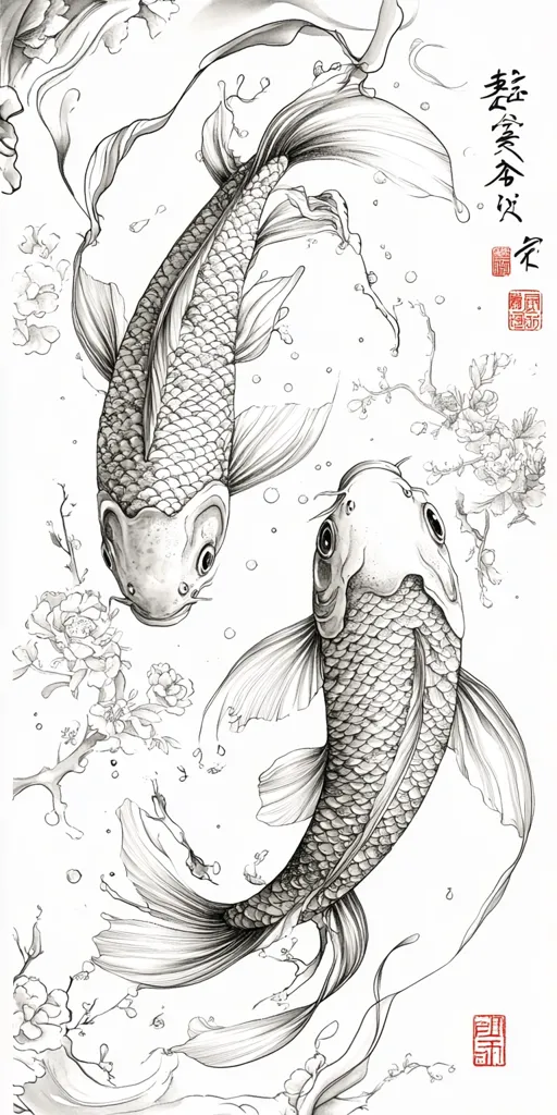 The image is a black and white line drawing of two koi fish swimming in a pond. The fish are drawn in a realistic style, with intricate details of their scales and fins. The background features delicate, flowing lines representing water and lily pads. The overall composition is elegant and serene, suggesting a peaceful and harmonious environment.