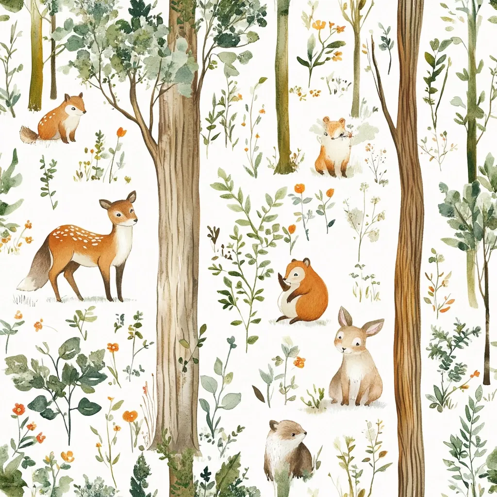 A whimsical watercolor pattern depicting a woodland scene. The background is a white canvas with delicate foliage and flowers. Scattered throughout are adorable woodland creatures like a fox, a deer, a bunny, and a badger, each with a charming, cartoonish style. The trees are tall and slender, their trunks painted in a warm brown hue. The overall effect is playful and heartwarming, capturing the essence of a magical forest.