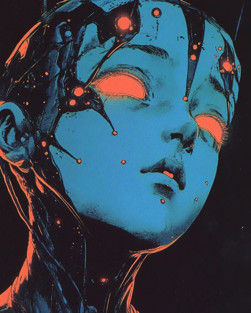 The image depicts a close-up of a cyborg's face. The face is blue and covered in black lines and dots that resemble circuitry. The cyborg's eyes are glowing red, and its lips are slightly parted. The overall effect is eerie and futuristic. The dark background enhances the vibrant colors of the cyborg's face.