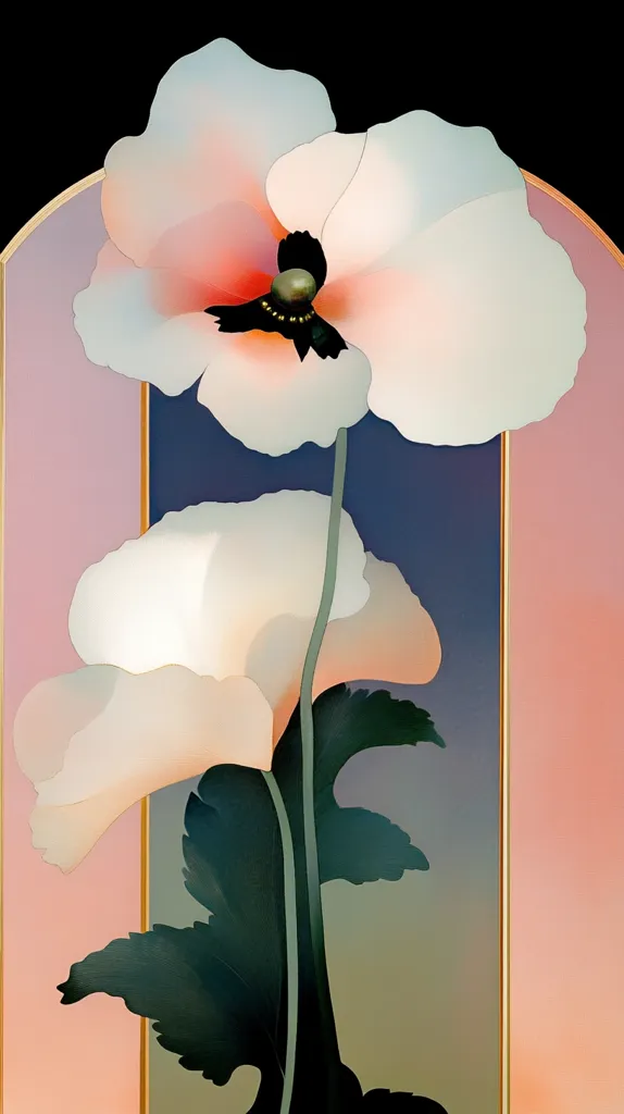 The image depicts two large, white flowers with a faint blush of pink at their centers. The flowers have delicate petals and are arranged against a soft, blurred background of purple, blue and pink hues.  The stems and leaves are dark green, providing a strong contrast to the light flowers.  A thin, gold frame borders the artwork.  The image is a stylized and abstract depiction of a natural scene.