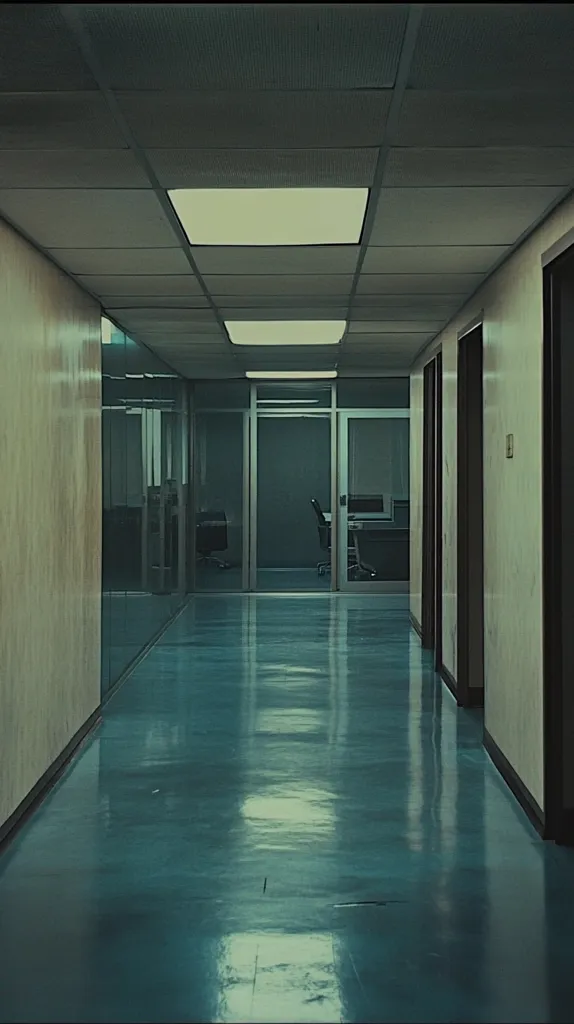 The image shows a long, empty hallway with a smooth, teal-colored floor. The walls are beige and the ceiling is a pale green. The hallway is lit by fluorescent lights.  At the end of the hallway is a glass door leading to a room with a desk and chair. The doors on the right side of the hallway are closed.  The overall atmosphere is sterile and quiet.
