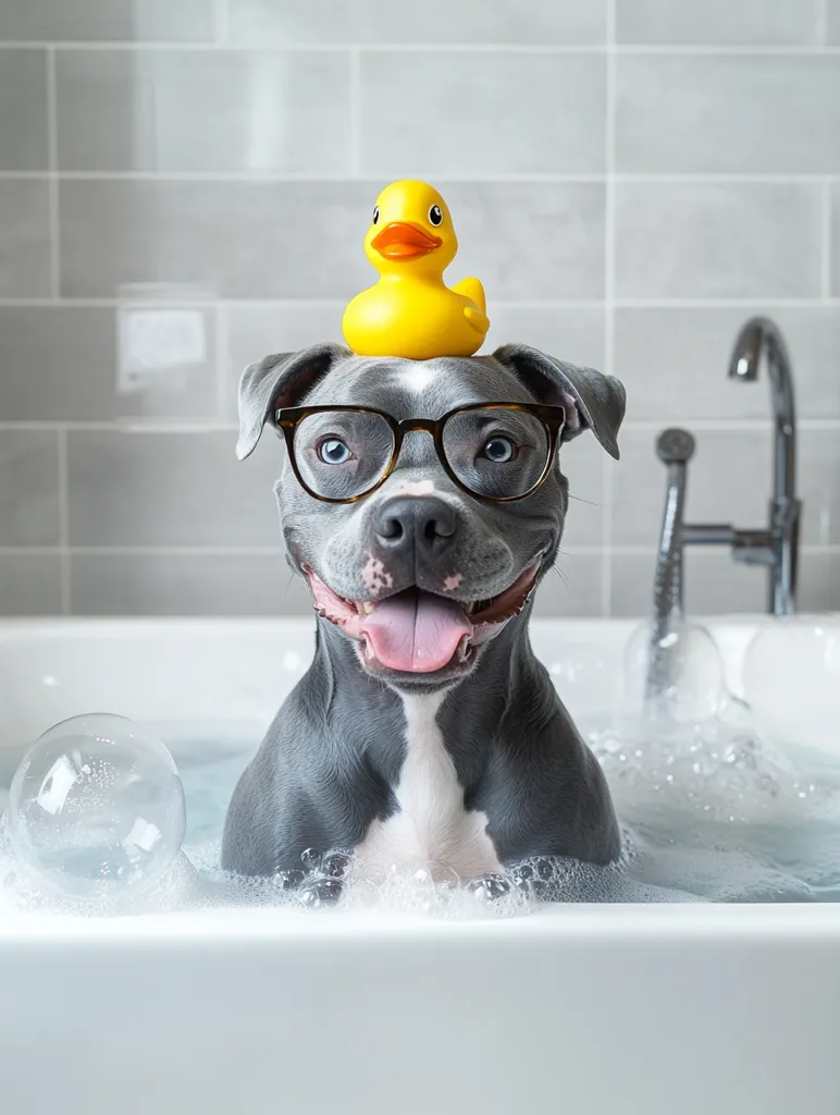A grey and white dog with glasses is sitting in a white bathtub filled with soapy water. A yellow rubber duck sits atop the dog's head.  The dog has a playful expression on its face, with its tongue sticking out. The dog is surrounded by bubbles.