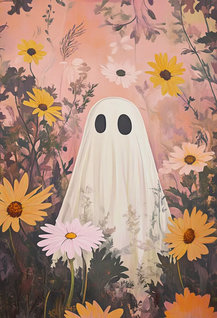 A ghost stands in a field of flowers, its white form blending with the soft pink background. The flowers are a mix of yellow and pink, their petals delicate and vibrant. The ghost's eyes are large and black, staring out from the ethereal form. The overall atmosphere is dreamlike and slightly eerie, with the ghost seemingly lost in the field of blooms.