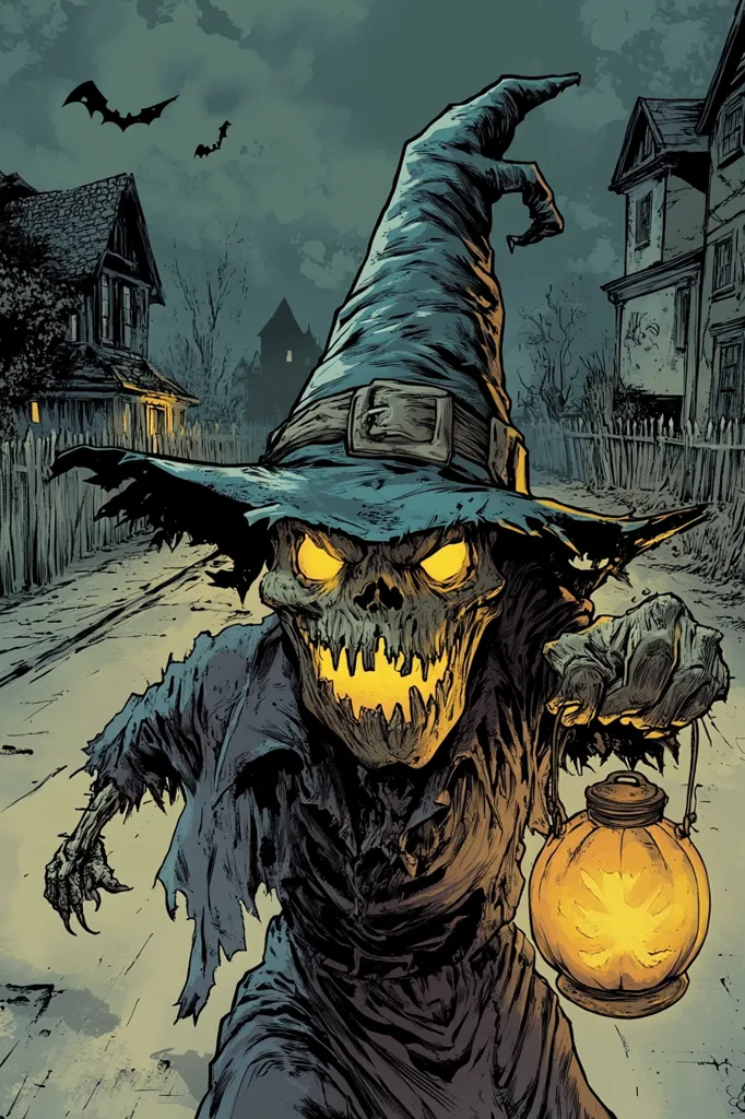The image shows a scary, skeletal creature wearing a blue pointed hat and tattered clothes. It holds a lantern shaped like a pumpkin in its right hand. The creature has glowing eyes and a large, grinning mouth. Bats fly in the background. The scene is set in a dark, ominous neighborhood with houses and fences. The overall tone of the image is eerie and unsettling.