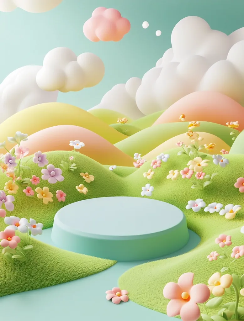 The image depicts a whimsical, cartoon-like landscape with a blue circular platform in the center. The background features fluffy white clouds, pastel-colored hills, and bright green grass. Delicate pastel-colored flowers adorn the lush green grass, adding a touch of sweetness to the scene.