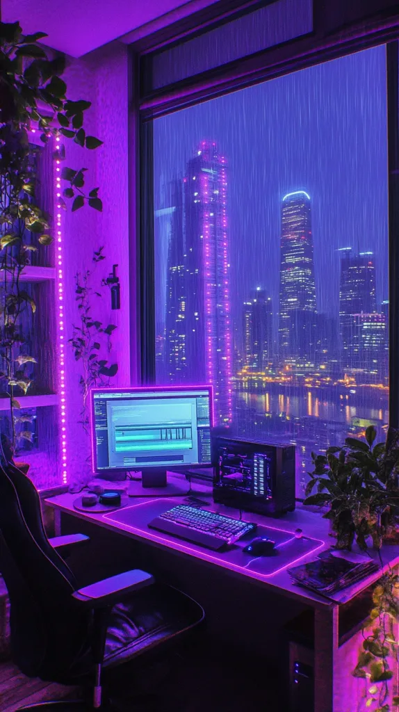 A sleek gaming setup is bathed in a vibrant purple glow. A computer monitor displays a screen with faint text, a keyboard and mouse rest on a large mousepad, and a gaming chair sits invitingly nearby. Outside, rain falls on a city skyline illuminated by neon lights. The scene exudes a futuristic and stylish ambiance.
