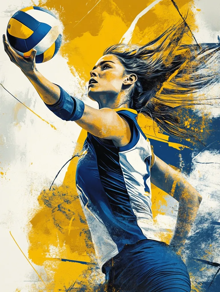 A female volleyball player wearing a blue and white jersey with her long brown hair flowing behind her is reaching up to spike a volleyball. The background is a colorful abstract design of yellow, white, and blue. Her determined expression and focused pose suggest her dedication to the sport. The image captures the energy and intensity of the game.