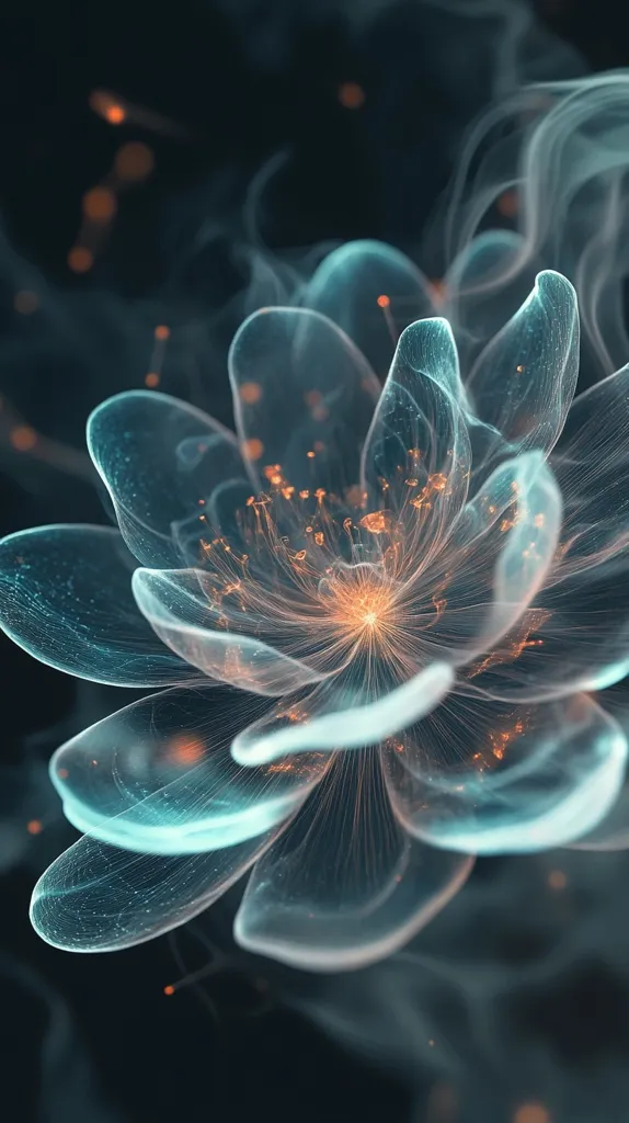 A delicate, ethereal flower blooms in a smoky, dark environment. The flower is translucent, made of wispy lines that shimmer with a soft, teal glow. The center of the flower glows with a warm, orange light, contrasting with the cool tones of the petals. Small, orange sparks scatter around the flower, adding to the otherworldly ambiance.  The image evokes a sense of mystery and beauty, suggesting a hidden world of magic and wonder.