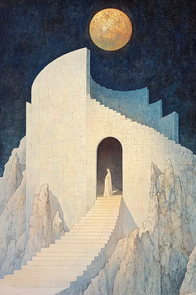 The image depicts a surreal scene of a white, spiraling structure with a large archway and a staircase leading up to it. The structure appears to be built into a cliffside. A lone figure in a white robe stands at the top of the stairs. The background shows a large, yellow moon against a dark blue night sky. The scene evokes a sense of mystery and wonder.