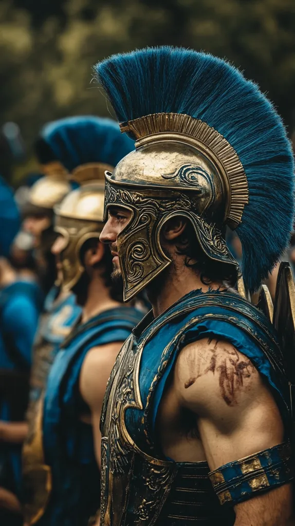 A close-up shot of a warrior, clad in ornate gold and blue armor, stands with his fellow warriors.  His helmet, adorned with a tall blue plume,  reflects the glint of sunlight. The warrior's right arm, exposed from the armor, bears scars, a testament to his battles. The scene evokes a sense of valor and readiness for conflict.