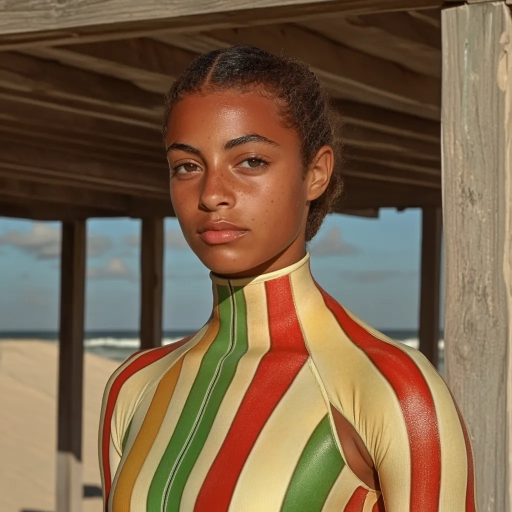 A young woman with dark brown skin and dark hair stands beneath a wooden structure, the ocean behind her. She wears a brightly striped shirt with red, green, and yellow vertical stripes against a cream background. Her expression is serious, with a slight frown on her lips. The image is lit from above, casting shadows across her face and the wooden structure.  She appears to be in a contemplative mood,  lost in thought.