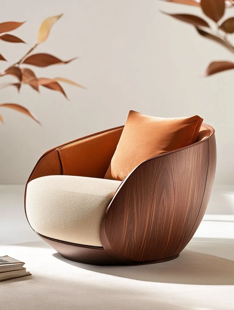 A modern,  curved armchair with a wooden frame and a cream-colored cushion. The back and arms are upholstered in a burnt orange fabric, giving the chair a luxurious and contemporary feel. The chair stands on a white rug in a room with natural light.  The chair's organic shape and warm tones create a sense of comfort and elegance.