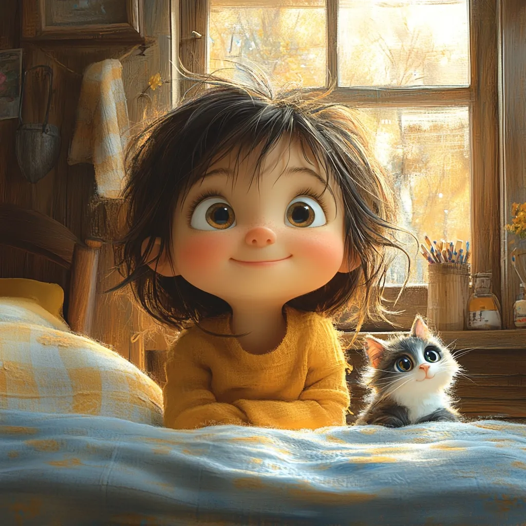 A young girl with big, brown eyes and a bright smile sits on a bed, looking up with wonder. She is wearing a yellow sweater and has her arms crossed. Beside her, a small, white and grey cat with equally large, curious eyes sits, mirroring the girl's gaze. The setting is a cozy bedroom with a window behind them, revealing a sunny autumn scene. The image captures a moment of pure joy and innocent curiosity.