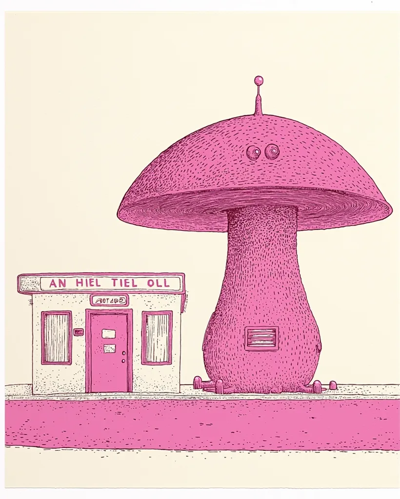 A pink, anthropomorphic mushroom with a small antenna sits in front of a small, pink building that has a sign above the door that reads "AN HIEL TIEL OLL."  The mushroom appears to have two eyes and its stem is very large.  The ground is pink, as well. The background is a light yellow.  The artwork is created in a cartoon style and appears to be hand-drawn.