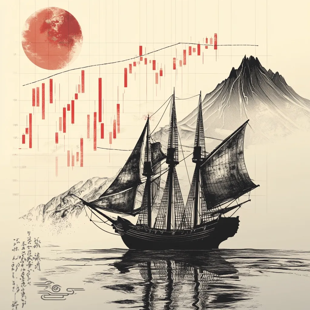 A black and white illustration of a sailing ship with a large red sun and a red stock chart in the background. The ship is in the foreground, sailing on a calm sea with a mountain range in the background. The image appears to have an eastern influence, with a stylized depiction of the ship and the use of calligraphy on the bottom left side.  The overall effect is one of calm and serenity.