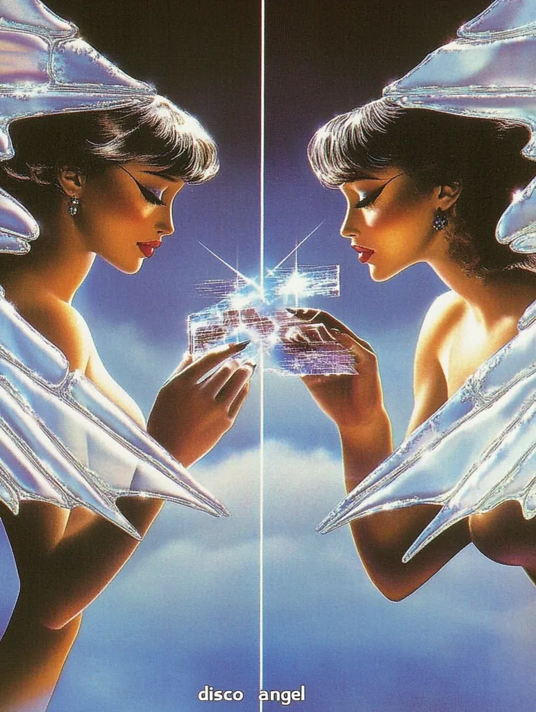The image depicts two identical women with long dark hair, wearing white angel wings. They are facing each other with a shimmering crystal object held between them. They are both adorned with silver jewelry and have a soft, ethereal glow. The background is a gradient of blue and white, with clouds floating by. The text "disco angel" appears at the bottom of the image. The overall aesthetic is reminiscent of 1980s sci-fi and fantasy.