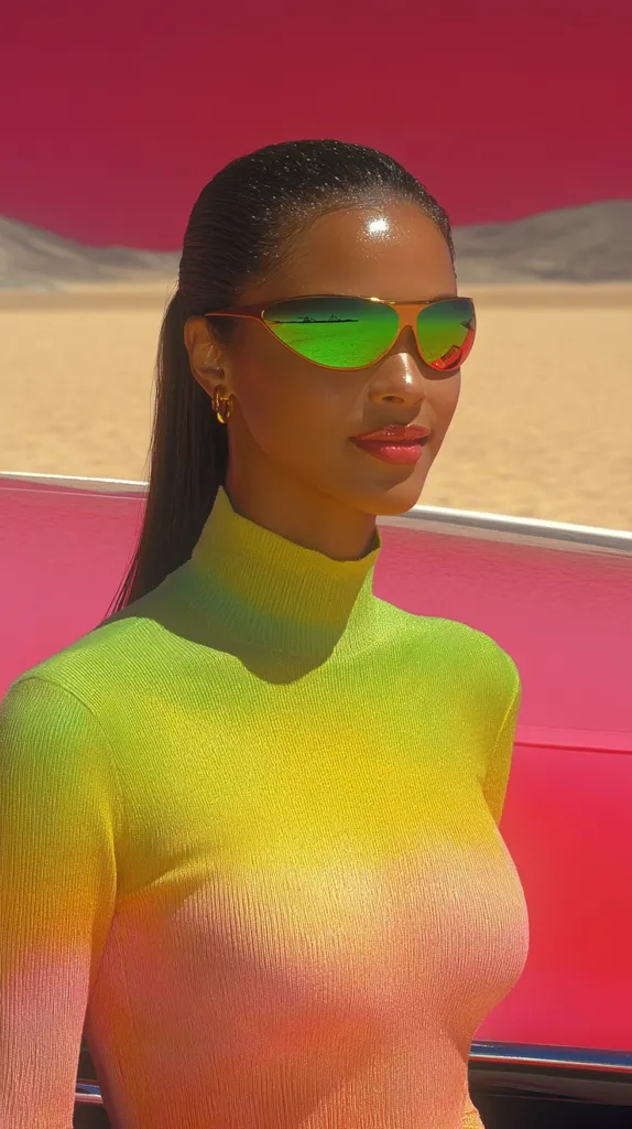 A young woman with dark hair wears a bright yellow and pink ombre sweater. She wears gold hoop earrings and has a pair of green and red mirrored sunglasses on her face. She is looking off to the side. The background is a pink and white car.