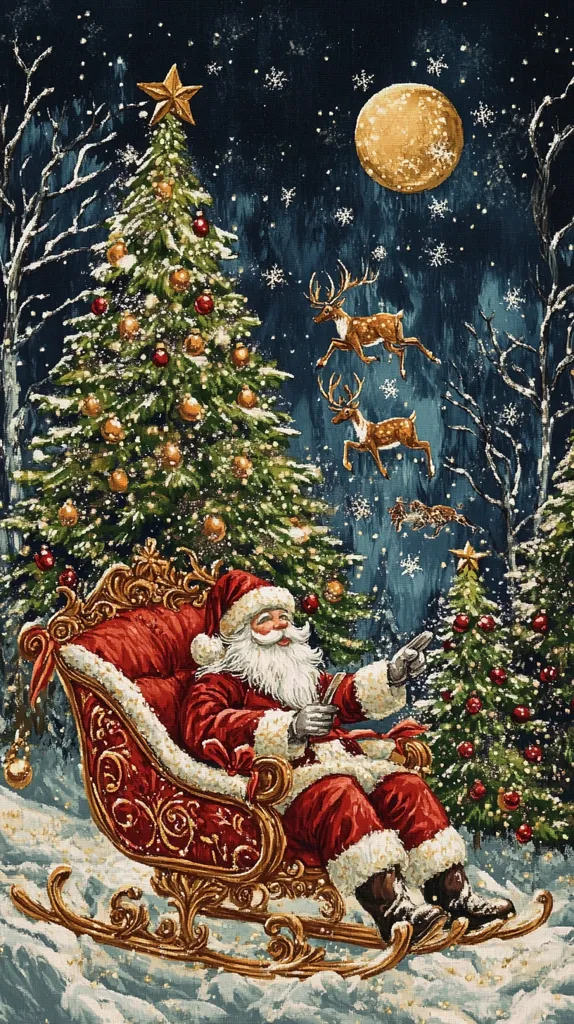 A whimsical Christmas scene depicts Santa Claus in a luxurious, gold-trimmed sleigh, pulled by reindeer through a snowy, moonlit forest. A tall, decorated Christmas tree stands beside him. The scene is filled with twinkling stars and falling snow, creating a magical atmosphere. Santa is dressed in his traditional red suit, trimmed with white fur, and is smiling as he holds a small package. The reindeer are flying through the air, their antlers adorned with twinkling lights. The image evokes the joy and wonder of Christmas.
