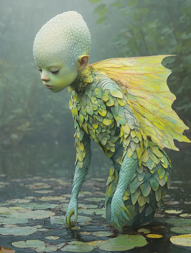 A fantastical creature with green scales and a yellow wing stands in a pond covered in lily pads. The creature has a human-like face with large, expressive eyes and a gentle expression.  Its scaled body and wings evoke a sense of otherworldly beauty, as if it were a magical being from a fairytale. The misty background creates a sense of mystery and wonder.