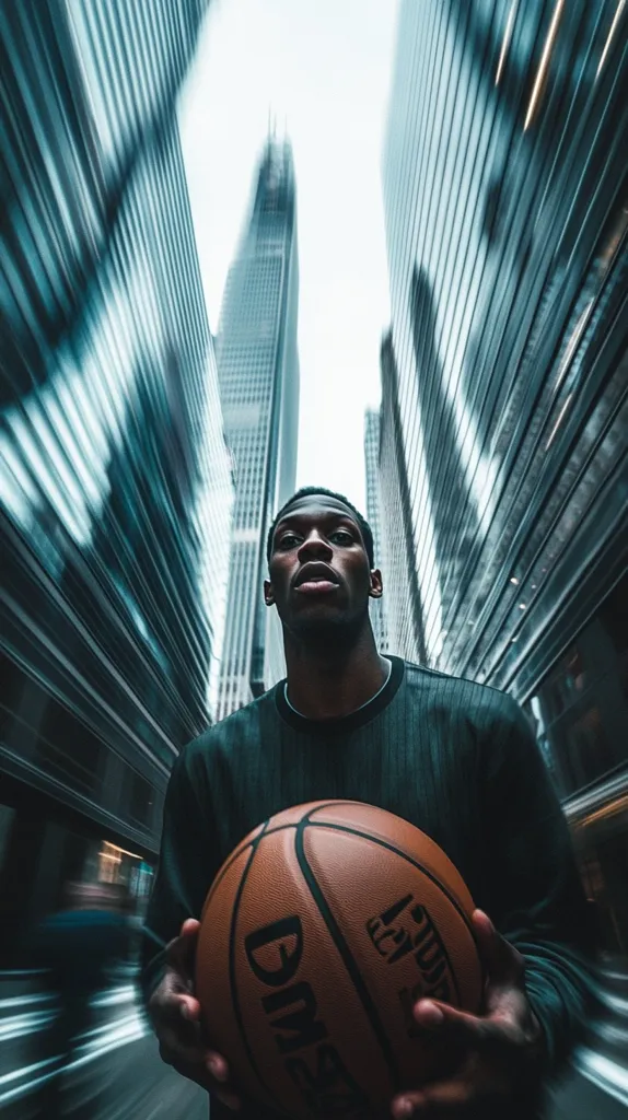 A young man with a serious expression, wearing a dark sweater, stands between two towering skyscrapers. He holds a basketball in his hands, looking straight at the camera. The background is blurred, emphasizing the man and the ball in the foreground. The buildings create a sense of urbanity and grandeur.  The image captures a moment of focus and determination, suggesting a sense of athleticism and competition.