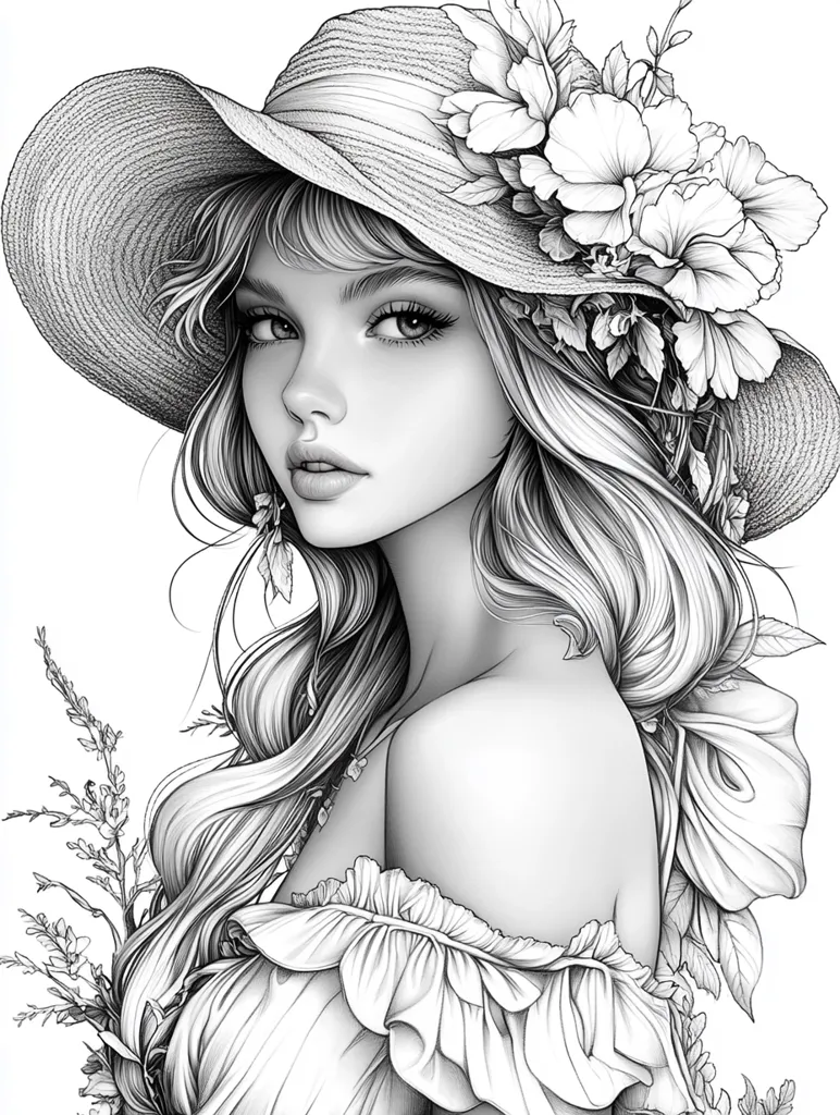 The image depicts a woman with long flowing hair, wearing a large sun hat adorned with flowers. The woman's gaze is directed towards the viewer, with her features drawn in a delicate and feminine style. The image is rendered in black and white, creating a sense of timeless beauty and elegance. Flowers and foliage surround the woman, adding to the ethereal and romantic atmosphere. The detailed lines and shading create a sense of depth and realism, highlighting the intricate details of the woman's dress, hair, and the floral embellishments.